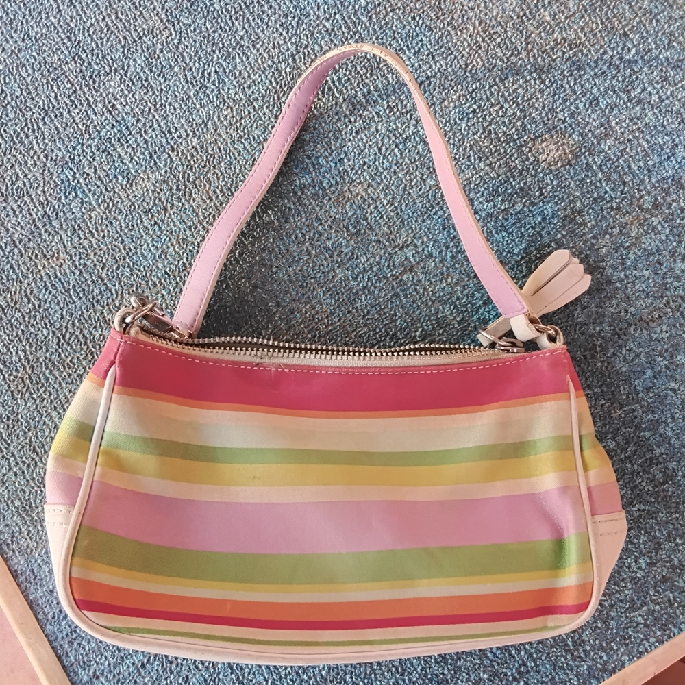 Coach Pink and Green Shoulder Bag with Striped Design